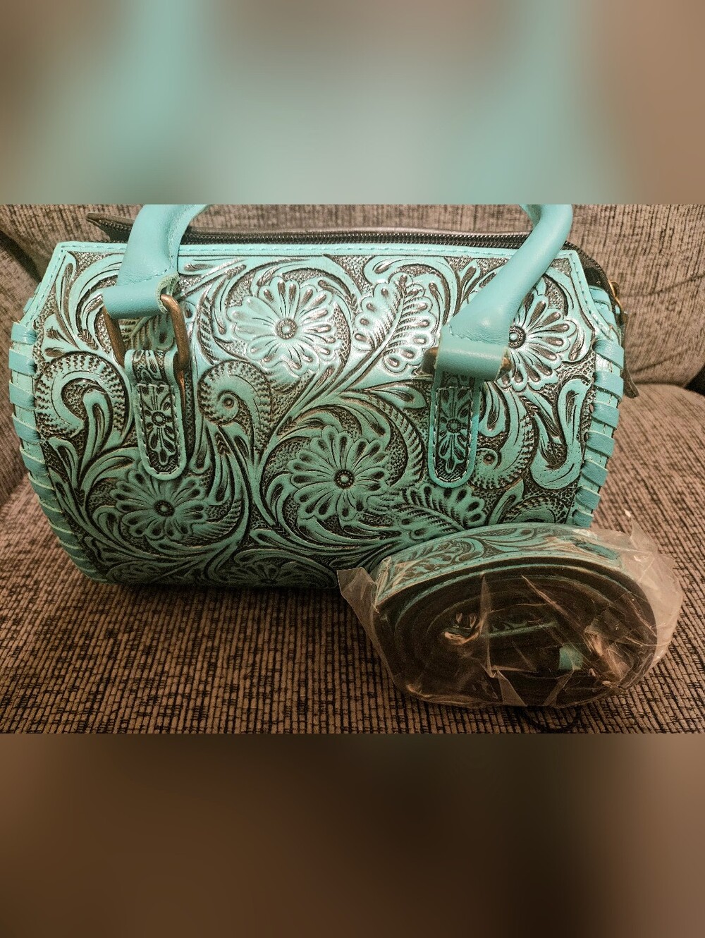 Turquoise Tooled Floral Leather Accent Bag | Small Speedy